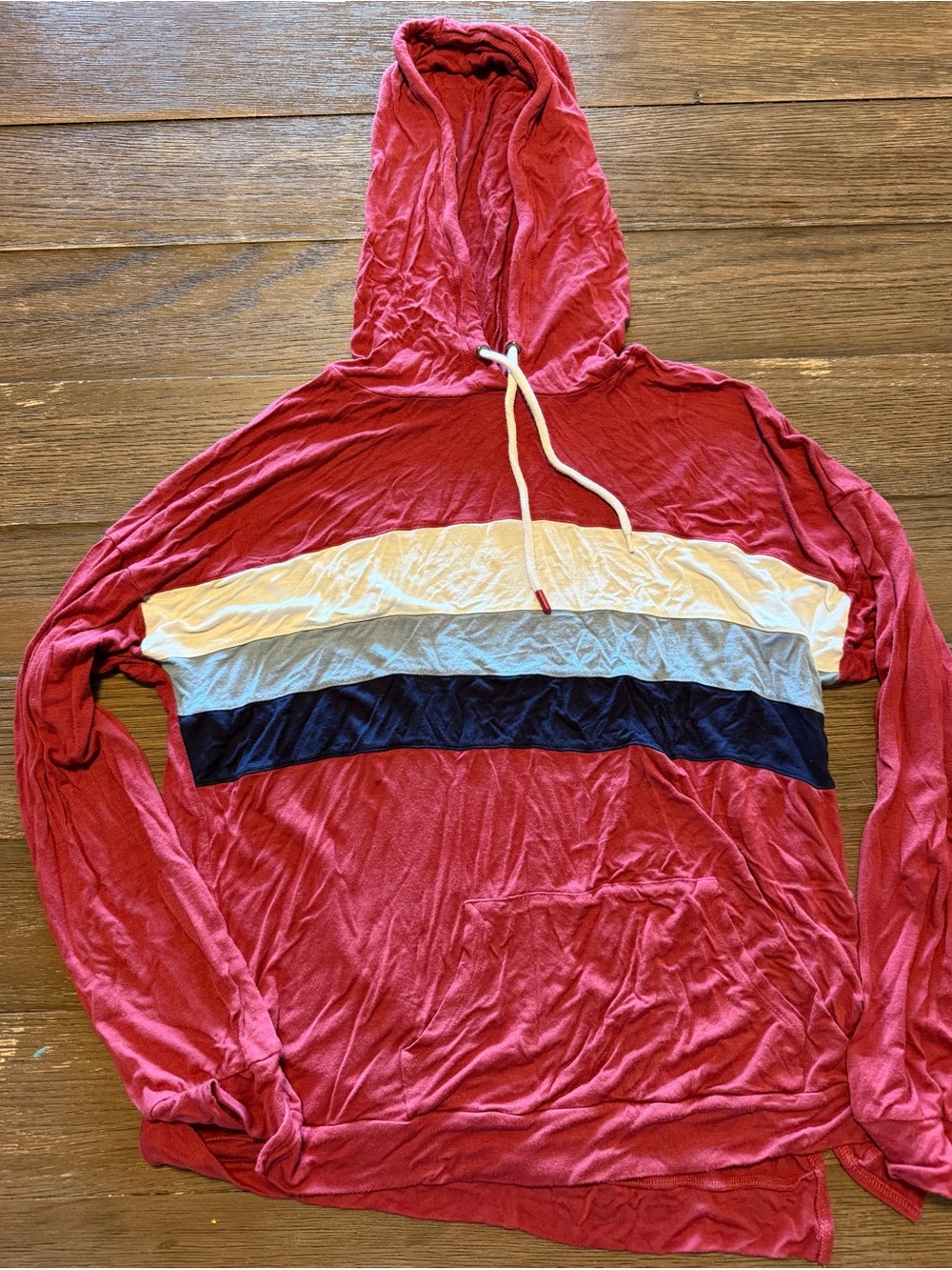 Pink Rose Red Hooded Pullover with White, Light Blue & Navy Stripes